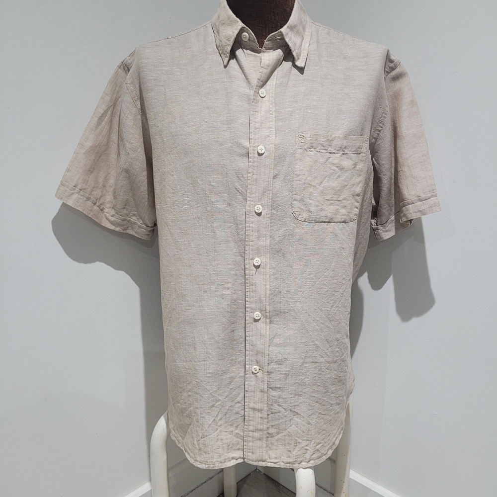 IZOD Men's Island Linen Blend Short Sleeve Casual Button Down Shirt Medium Cream